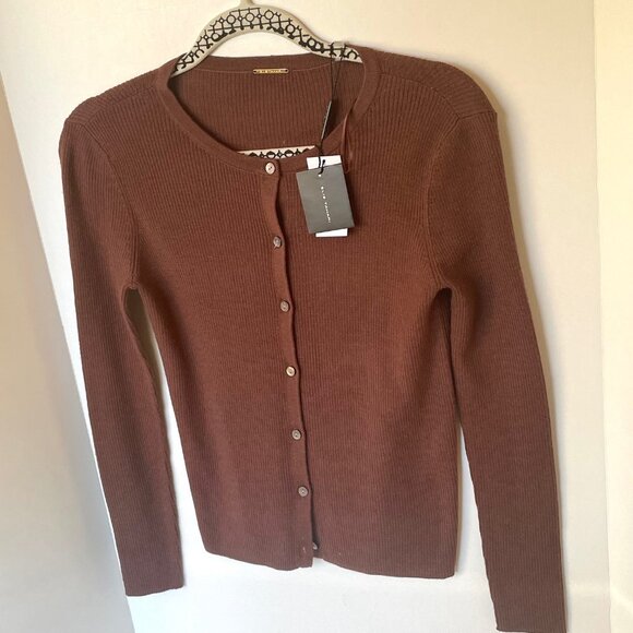Elie Tahari Merino Wool Cardigan Womens XS Brown Lightweight Ribbed Sweater - Picture 3 of 8